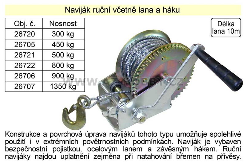 Naviják ruční včetně lana a háku, nosnost  450kg