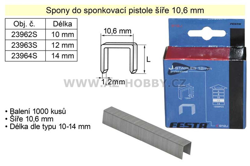 Spony do sponkovačky šíře 10,6 mm hranaté délka 10 mm balení 1000 kusů