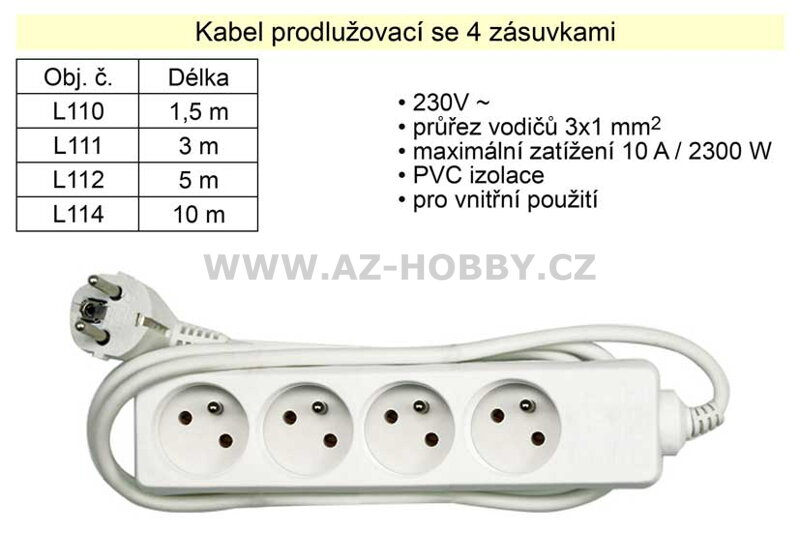 Prodlužovací kabel 4 zásuvky délka 10 m